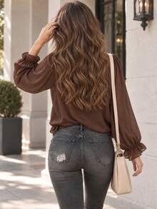 Women's Brown Ruffle Tie V-Neck Chiffon Blouse, Long Sleeve, Relaxed Fit, Elegant Top With Regular Hem - Coffee Brown - View 4