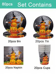 80/60/50/40pcs Halloween Paper Plates And Napkins Set, Disposable Dessert Plates And Napkins, Halloween Theme Birthday Party Decorations, Serves 10 People (Pumpkin Design) - Multicolor - View 19