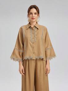 Rich Radi Q's Blouse femme bohème vintage en tissu tissé, col chemise, manches longues évasées en dentelle bicolore, longueur régulière - Jaune moutarde - Voir 9