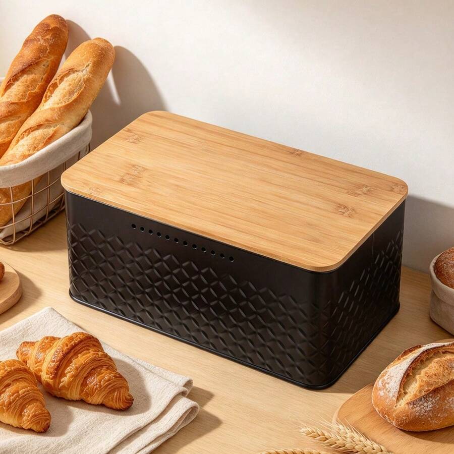 LIVINGANDHOME 3 Colors Countertop Metal Bread Box Container With Bamboo Lid,Bread Storage Box,Bread Storage Container For Kitchen - Black - View 1