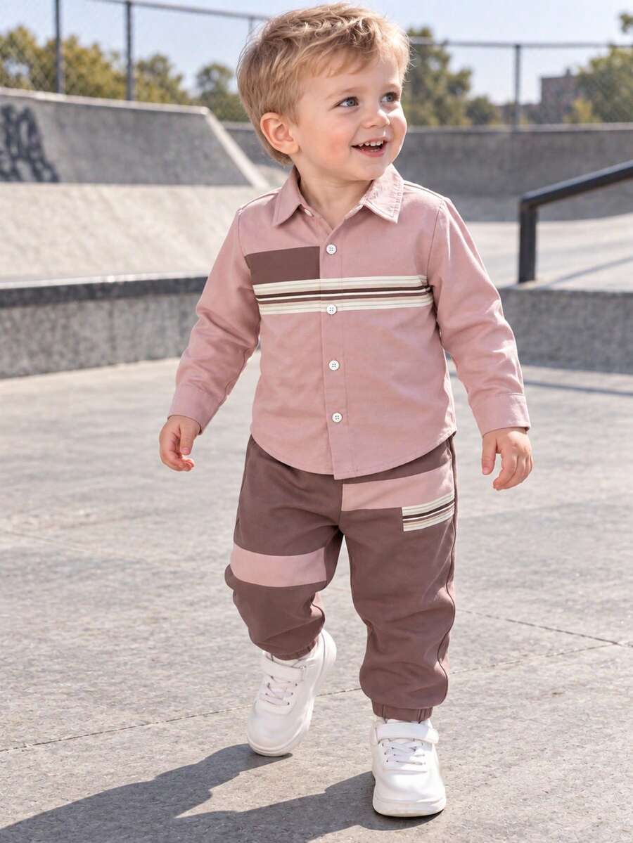 Baby Boy Spring/Autumn 2-Piece Set, Pink & Brown Colorblock Striped Turn-Down Collar Long Sleeve Shirt, Colorblock Patchwork Cuffed Casual Long Pants - Pink - View 1