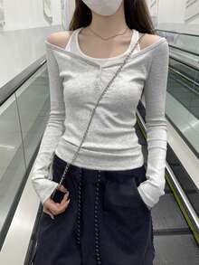 Atasan Kaos Wanita Lengan Panjang Model 2-in-1 Gaya Korea Musim Gugur dengan Desain Bahu Terbuka dan Potongan Pas Badan yang Elegan - Putih Abu-abu - View 5