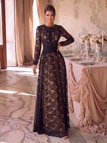Gaun Malam Lengan Panjang Berenda Hitam yang Menawan, Desain Leher Perahu, Detail Lipit, Hem Mengembang, Cocok untuk Acara Formal - Hitam - View 1