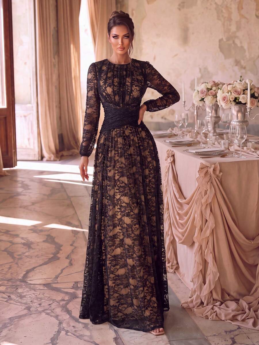 Gaun Malam Lengan Panjang Berenda Hitam yang Menawan, Desain Leher Perahu, Detail Lipit, Hem Mengembang, Cocok untuk Acara Formal - Hitam - View 1