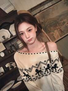 Sweet Preppy Fair Isle Jacquard Colorblock Cold Shoulder Sweater, Women's Loose Fit Long Sleeve Top, Suitable For Autumn/Winter Christmas - White - View 5