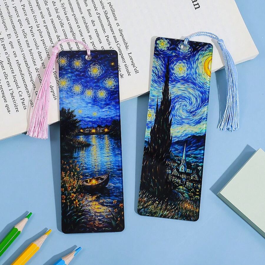Creative Starry Sky Oil Painting Themed Acrylic Tassel Bookmark, Classic Starry Night Pattern Reading Decorative Bookmark, Literary Gift For Art Enthusiasts, Book Lovers, Women And Reading Enthusiasts