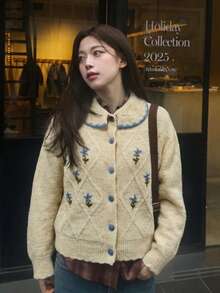 Cardigan Sweater Kerah Peter Pan Bordir Bunga, Kancing Depan, Rajutan Lembut, Lengan Panjang, Beige Vintage, Lapisan Musim Gugur untuk Pakaian Kasual Sehari-hari - Aprikot - View 1