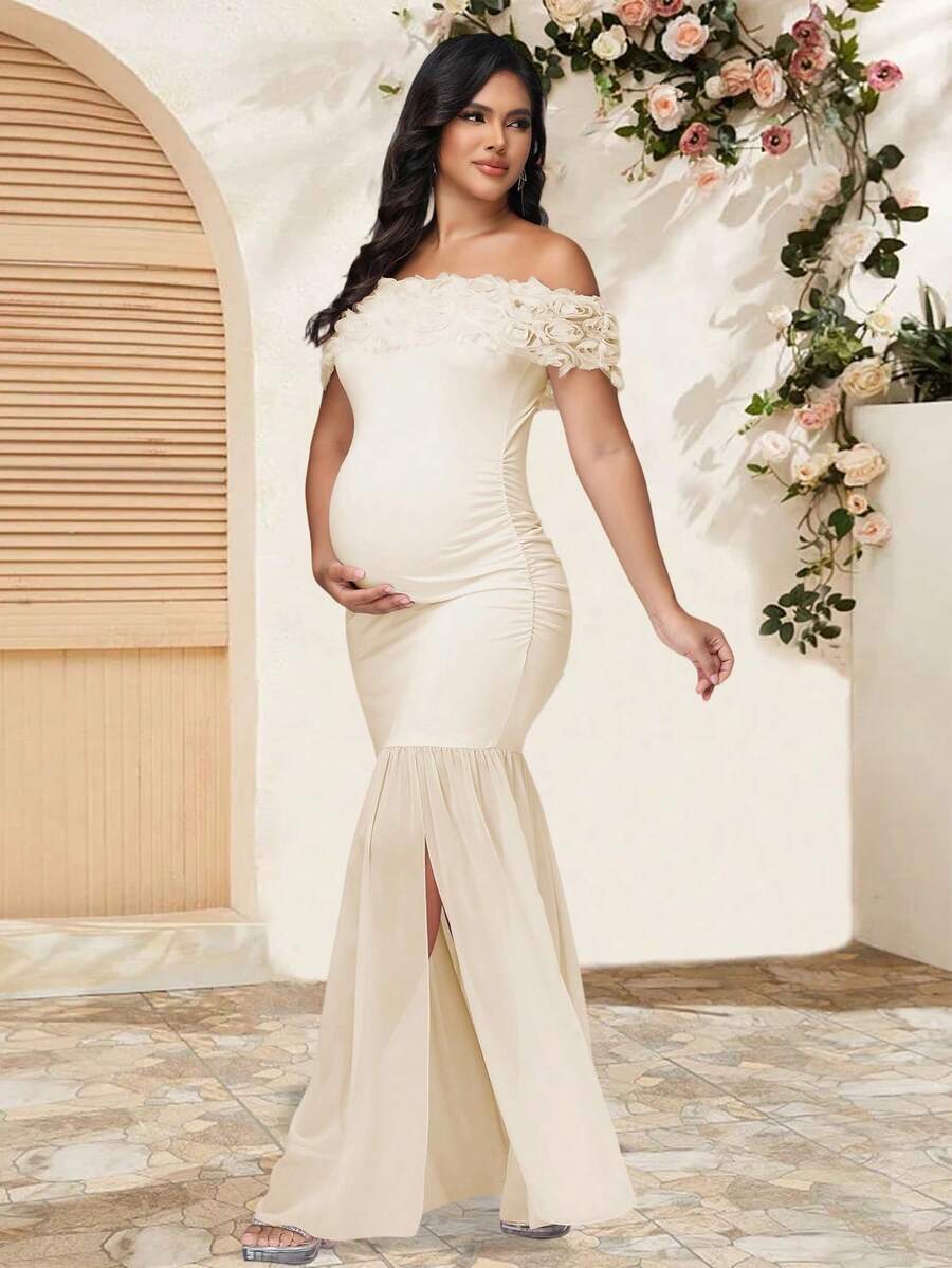 JustVH Maternity Floral Cold Shoulder Dress, Elegant Chiffon Slit Hem Gown, Suitable For Baby Shower Photos - Apricot - View 1