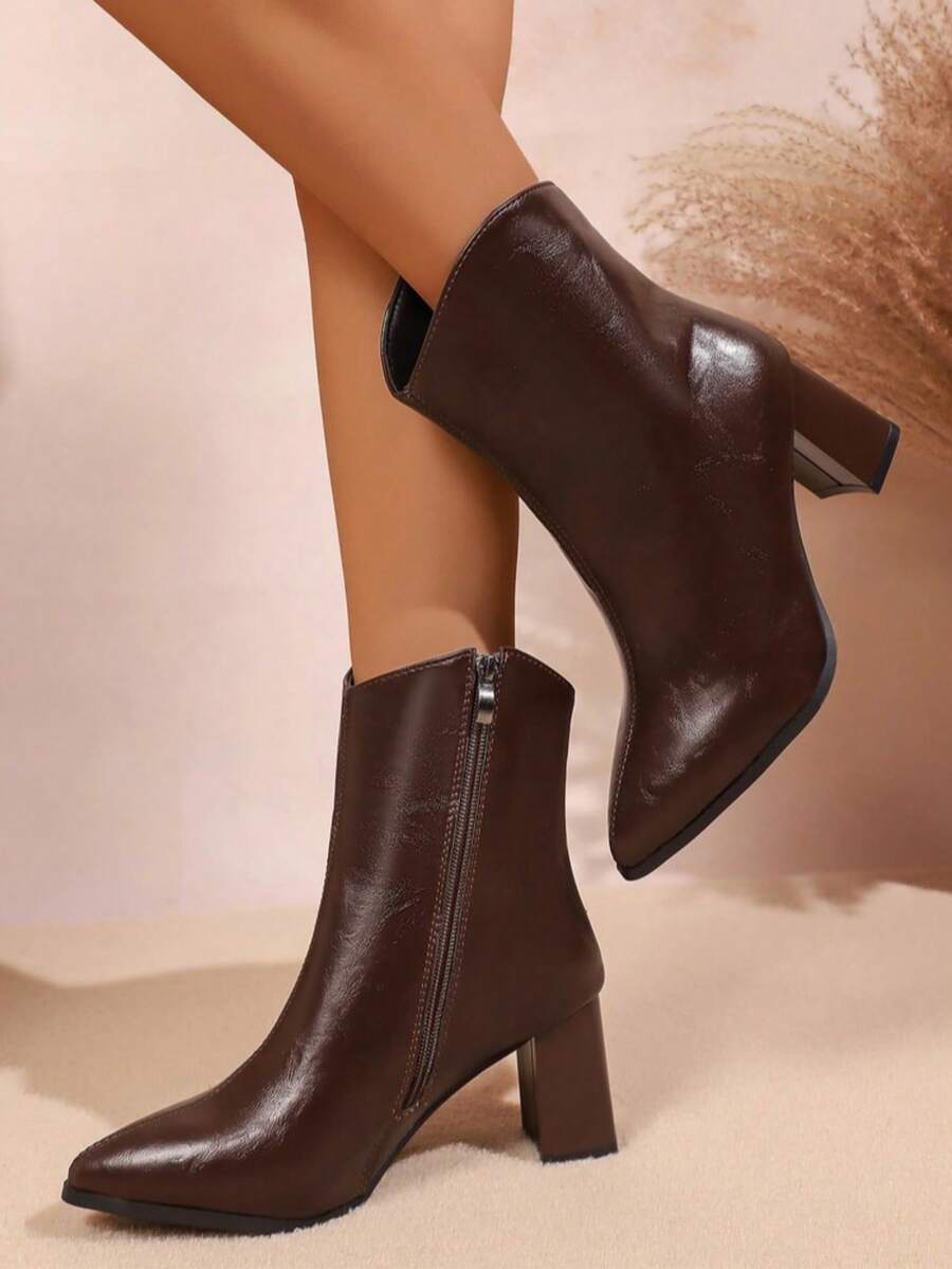 Maillard Style Pointed Toe Ankle Boots For Women, Chunky Heel Height-Increasing Ankle Boots, Autumn/Winter New Versatile Elegant Commuter Boots - Brown - View 1