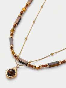Sorayune 1pc Multi-Layer Tiger Eye Stone Pendant Necklace Set, Boho Fashion Jewelry, Best Friend Gift (Stone Color And Shape Are Random) - Multicolor - View 2