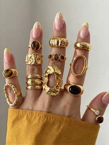 Set 12 buah cincin batu imitasi mata harimau berbentuk oval geometris bergaya vintage, cocok untuk pemakaian sehari-hari wanita, pesta, aksesori musim gugur/musim dingin, kencan, ulang tahun, dan hadiah liburan. - Yellow Gold - View 1