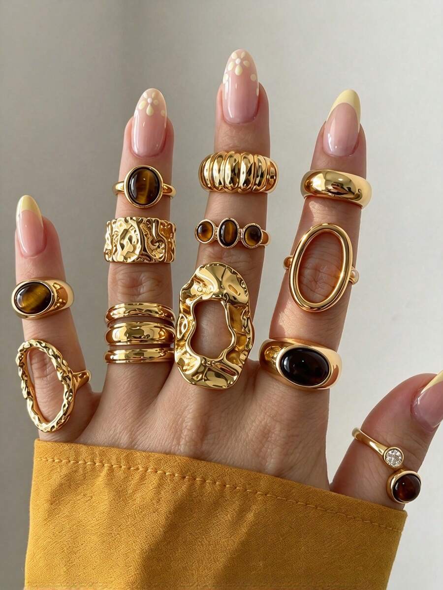 12pcs Vintage Old Money Style Oval Geometric Faux Tiger Eye Stone Rings Set, Suitable For Women's Daily Wear, Party, Autumn/Winter Accessories, Date, Birthday, Holiday Gift - Yellow Gold - View 1