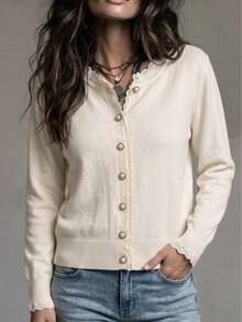 BYGOUBY Women's Autumn/Winter Lace Trim Round Neck Knitted Cardigan, Pearl Button Long Sleeve Wavy Edge Soft Sweater Jacket - Apricot - View 11