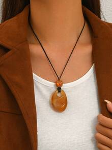 1pc Vintage Creative Fashion Hollow Resin Tie-Dye Water Drop Pendant Adjustable Pull Rope Sweater Chain Suitable For Women Daily Wear, Wedding, Vacation, Banquet - Brown - View 2