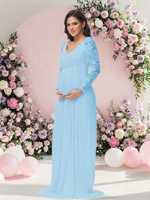JustVH Maternity Lace V-Neck Long Sleeve Dress/Long Gown, Suitable For Photography, Baby Shower And Other Occasions - Baby Blue - View 5