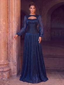Romantic Women's Long Metallic Knit Keyhole Neckline Backless Maxi Dress, Flared Hem, Elegant Waist, Suitable For Special Occasions, Balls And Parties - Royal Blue - View 4