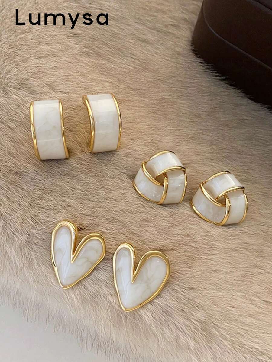 3 Pairs French Vintage Geometric Heart Enamel Stud Earrings Set, Suitable For Women's Daily Commute Wear