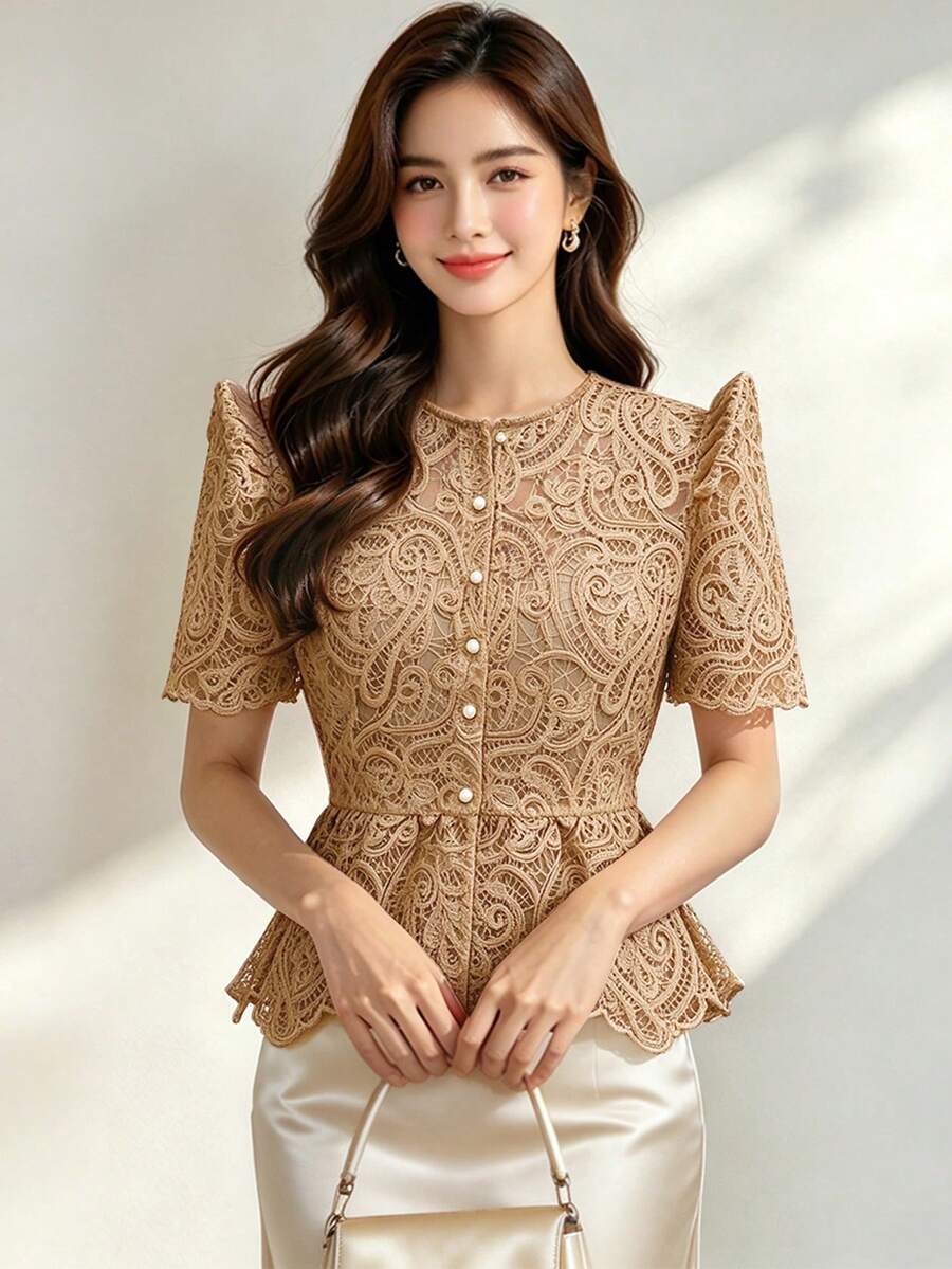 Modern Filipiniana Peplum Solid Color Lace Button Women's Blouse For Festival, Wedding, Vacation, Daily, Birthday, Party, Date, Spring/Summer Fall - Coffee Brown - View 1