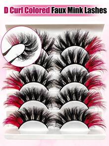 5 Pairs Red Fluffy Faux Mink False Eyelashes, Colorful Tips, 20mm Exaggerated Long Voluminous Cat Eye Fox Eye Lashes, Full Curly Colorful Faux Mink Long False Eyelashes, Russian Strip D Curl Lashes, Suitable For Christmas - Multicolor - View 3