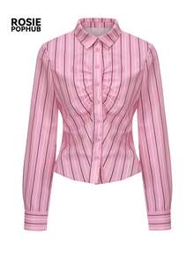 ROSIE POPHUB Women Pink Striped Collar Long Sleeve Front Ruched Slim Fit Waist Cinched Button Down Elegant Office Daily Fall Winter Shirt - Pink - View 6