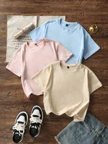 3pcs/Set Tween Girls Students Casual Printed Round Neck Short Sleeve T-Shirts, Summer Tops - Multicolor - View 1