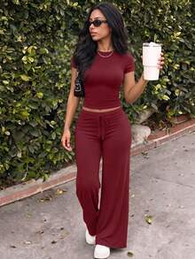 NOIRLYN Women's Fall Two Pieces Y2K Sportswear Gym Casual Daily Solid Color Short-Sleeved Round-Neck T-Shirt And Slim Straight-Leg Long Pants Set - Burgundy - View 3