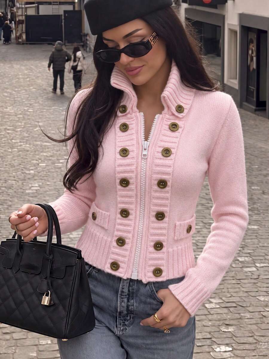 MORI Fall Winter Women Sweaters Y2K Preppy Pink Zipper Cardigan Double Breasted Button Collar Knit Tops Cropped School Streetwear Outfits Tops - Pink - View 1