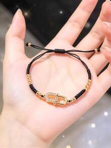 1pc Elegant Korean Style Zirconia Rhombus Flower Adjustable Bracelet, Light Luxury Design, Exquisite Commuter Versatile Hand Jewelry - U-shaped Drawstring - View 2