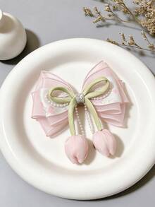 1pc Gentle Tulip Tulle Bow Hair Clip,Rhinestone Decor Side Clip,Sturdy Alligator Clip Design,Not Easy To Slip,Great For Side Hair & Half-Up Hairstyles - Multicolor - View 8