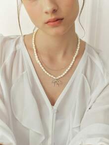 Sorayune 2pcs Luxury Sweet Double Layer Crystal Bowknot Pearl Necklace, Delicate Collarbone Chain Necklace Accessories For Women - Silver - View 4
