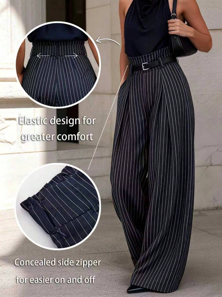 Quần dài ống rộng cạp cao kẻ sọc cho nữ, chất liệu polyester, không co giãn, phù hợp mặc mùa thu - sọc - Xem 1
