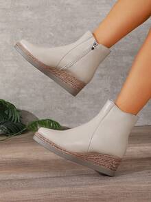 NOBLEARL Women's Fashion Thick Sole Retro Woven Texture Side Zipper Wedge Heel Ankle Boots - Beige - View 6
