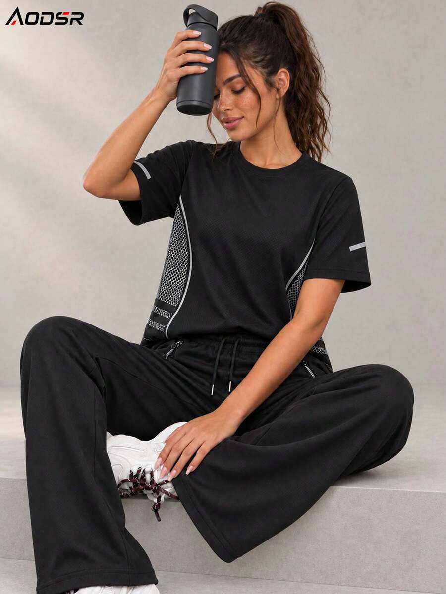 AODSR 2PCS Women Short Sleeve Two Pieces Pants Set Casual Top And Long Pants Set Women Matching Outfit - Black - View 1