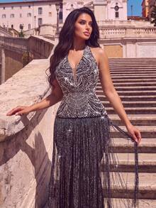 Romantic Halter Sequin Dress, Women's Sleeveless Glamorous Long Gown With Ruched Bust, Fitted Waist, And Fringe Detail - Black - View 8
