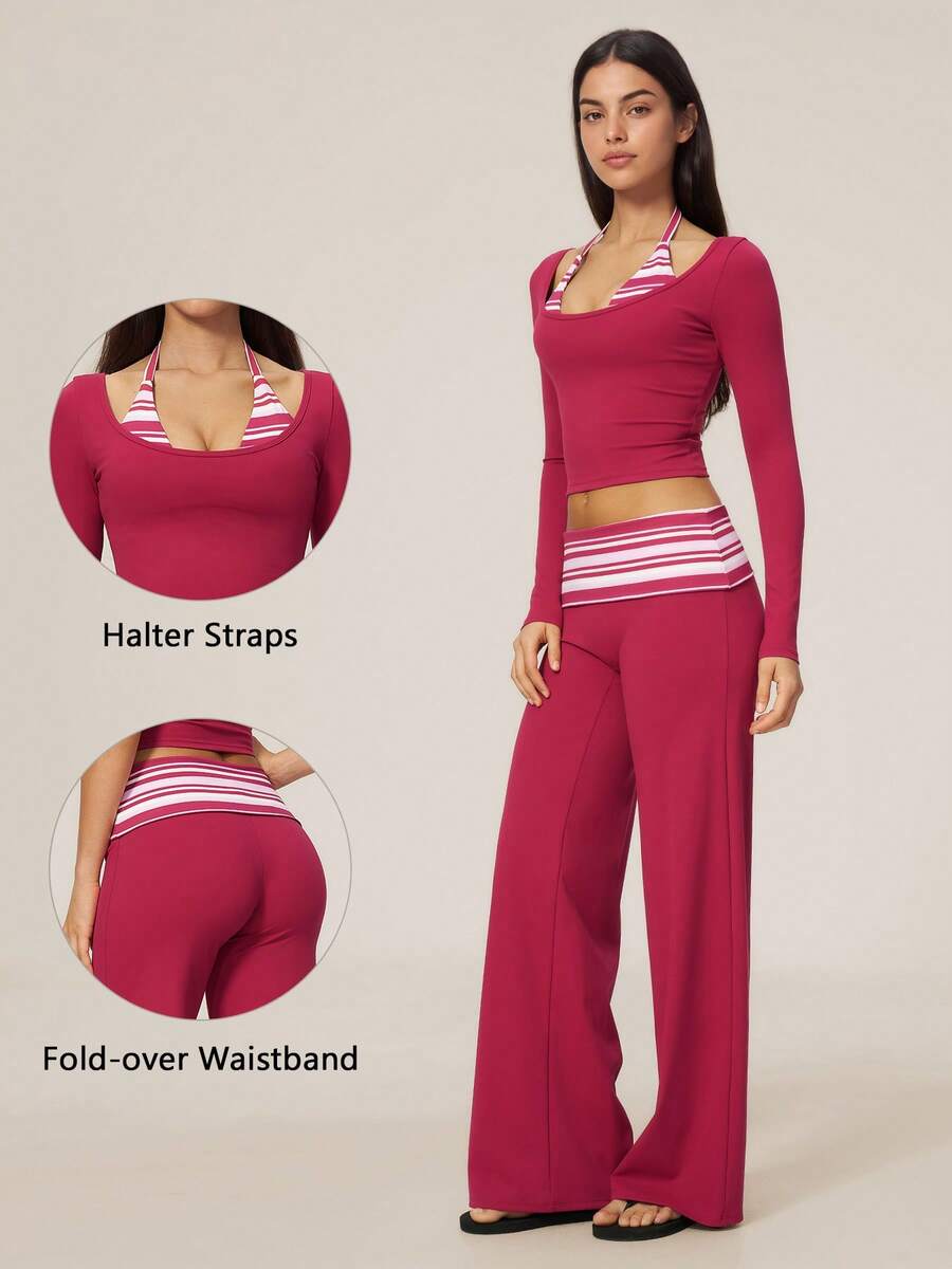 TimeOff Setelan Satu Set Wanita Musim Gugur/Dingin Garis-garis 2 In 1 Patchwork Lengan Panjang Pinggang Lipat Celana Panjang Kaki Lebar - Red Violet - View 1