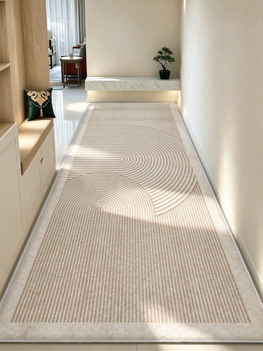 1pc Minimalist Geometric Line Print Pattern, Simple Long Strip Carpet Mat, Easy To Clean Long Strip Runner Rug, Suitable For Kitchen, Dining Room, Hallway, Corridor And Other Indoor Spaces, All Season - Khaki - View 1