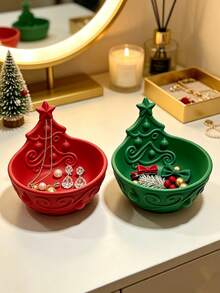 3D Printed Christmas Tree Shaped Jewelry Storage Bowl, 3D Embossed Pattern, Multiple Colors Available. Vanity Storage For Rings, Earrings, Necklaces, Christmas Atmosphere Desktop Decor, Creative Holiday Gift. - Multicolor - View 1