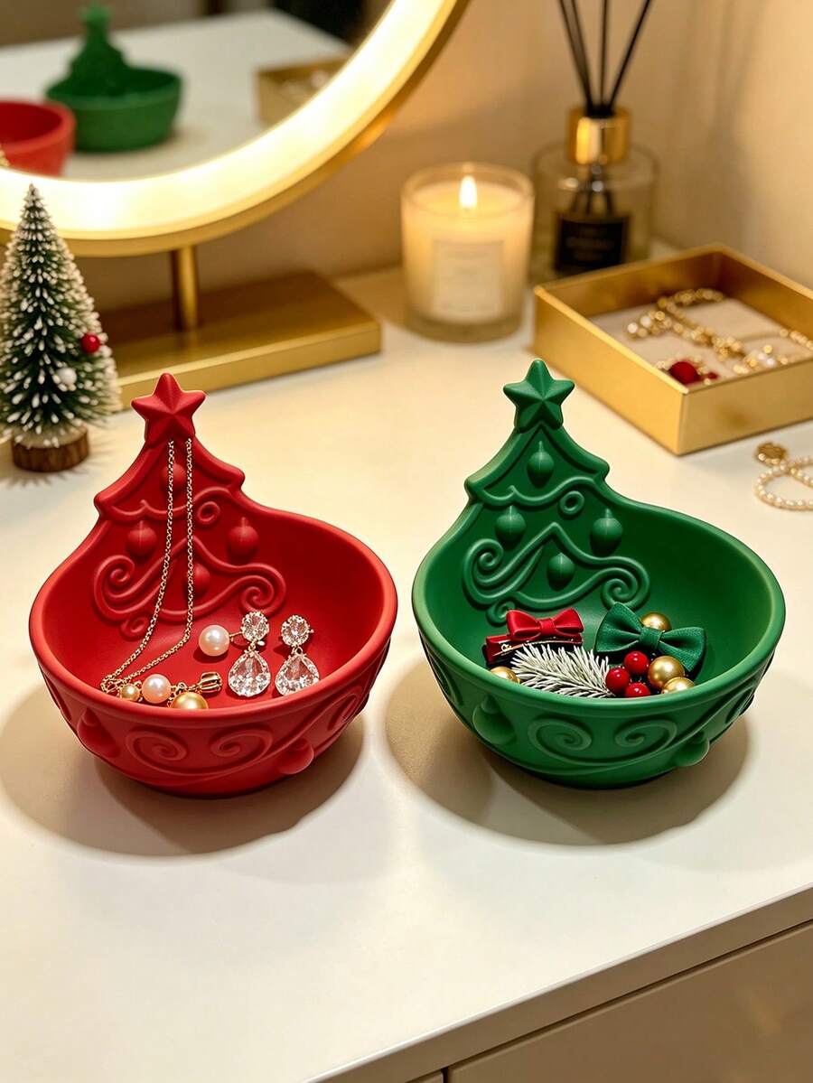 3D Printed Christmas Tree Shaped Jewelry Storage Bowl, 3D Embossed Pattern, Multiple Colors Available. Vanity Storage For Rings, Earrings, Necklaces, Christmas Atmosphere Desktop Decor, Creative Holiday Gift. - Multicolor - View 1