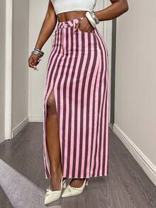 Pink Contrast Vertical Striped Mid-High Waist Women's Denim Midi Skirt, Front Slit Raw Hem Retro Y2K Straight Denim Skirt - Pink Stripes - View 2