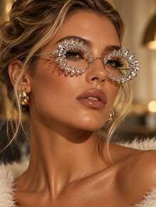 outingfit 1pc Luxury Silver Rhinestone Women's Glasses, Shiny Exaggerated Frame, Fashion Party, Music Festival, Stage, Photo Prop - Silver - View 1