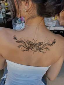 Waterproof Temporary Transfer Tattoo,1pc Black Sketch Peacock Feather Moth Large Tattoo Sticker, Vintage Gothic Design, Long Lasting Fake Body Art Tattoo For Women, For Lower Back Waist, Party Daily Wear - Black - View 5