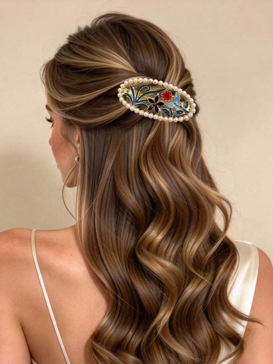 1pc Vintage Colorful Oil Drop Flower Pearl Metal Spring Hair Clip, Exquisite Hair Accessory For Women's Back Head Bun, Party Hair Ornament - Multicolor - View 1