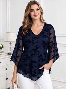 CheersLife Plus Size Women's Elegant Blouse, V-Neck Double-Layer Elastic Mesh Casual Flowy Work Shirt With Ruffle Hem And 3/4 Bell Sleeves Spring - Royal Blue - View 1