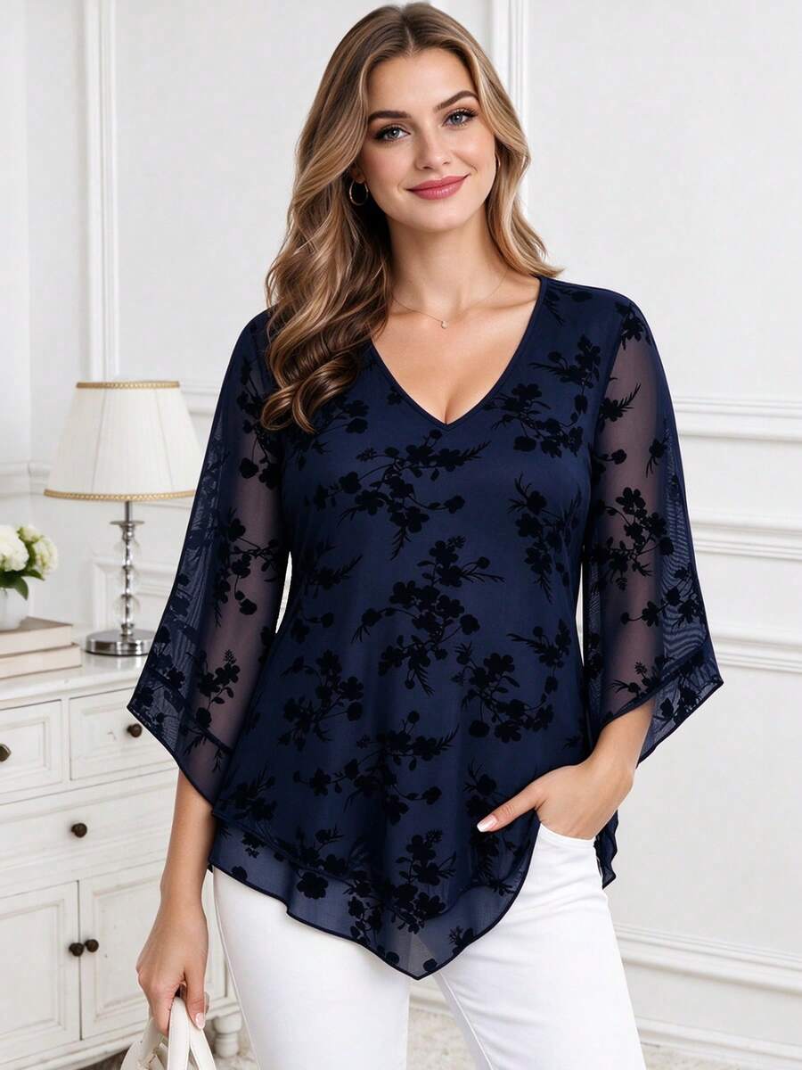 CheersLife Plus Size Women's Elegant Blouse, V-Neck Double-Layer Elastic Mesh Casual Flowy Work Shirt With Ruffle Hem And 3/4 Bell Sleeves Spring - Royal Blue - View 1