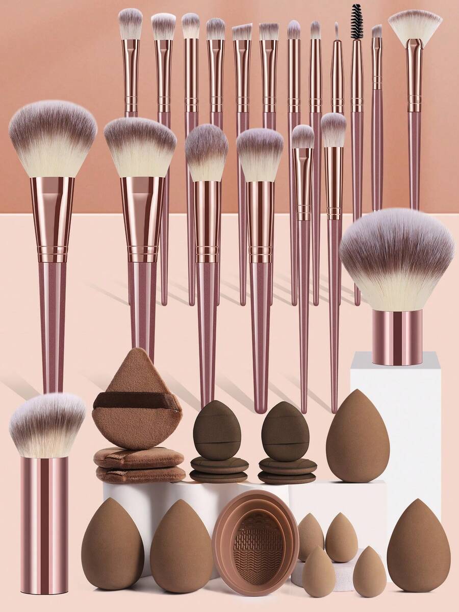 38 Pcs Professional Makeup Brush Set, 18 Pcs Shimmer Pink Brushes With 3 Color Bristles, 2 Pcs Short Flat Handle Brushes And 18 Pcs Beauty Supplies. Premium Shimmer Pink Design, Smooth Makeup Application, Great For Daily Use And Gifting. - Multicolor - View 1