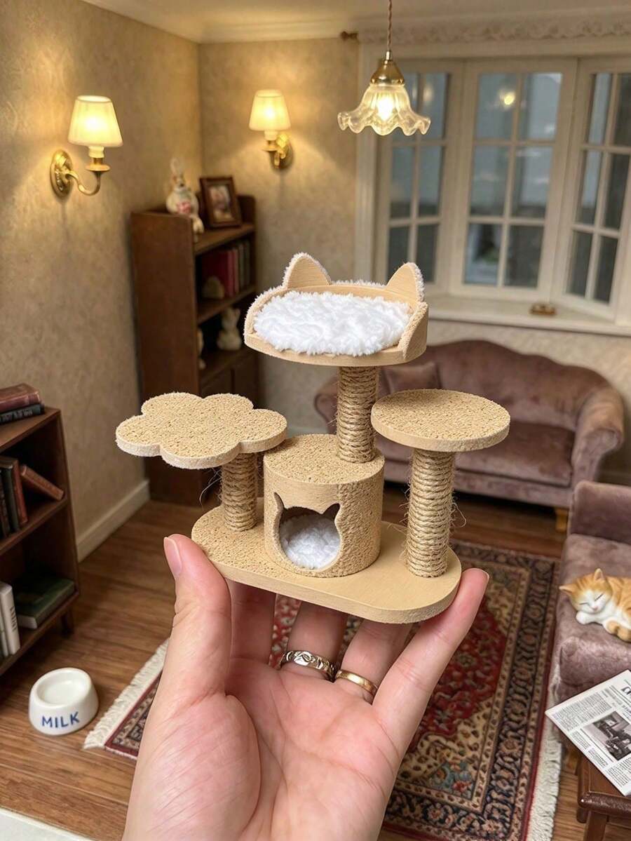 Miniature Cat Tree Model, Suitable For 1:12 Scale Dollhouse Decoration, Realistic Multi-Level Cat Tree, Miniature Scene Model Ornament, Not A Toy, Assembly Required - Regular Model - View 1
