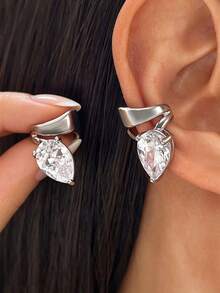 Simple Exquisite Charming Water Drop Cubic Zirconia Copper Ear Clips Without Piercings Left/Right Ear Designs, Earrings For Women Jewelry - Silver - View 10