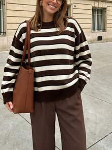 Women's New Autumn/Winter Striped Round Neck Long Sleeve Knit Top For Commuting And Daily Wear - Khaki With White - View 6