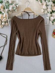 Women's Vintage Cable Knit Halter Tie Top - Brown - View 8