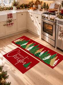 1/2pcs Christmas Kitchen Decor Rug, Christmas Tree Pattern Winter Kitchen Mat And Pad, Non-Slip Washable Absorbent Kitchen Accessory Decorative Mat, Christmas Holiday Gift! - Multicolor - View 5